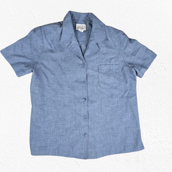 90s Vintage Blue Chambray Linen Blend Short Sleeve Button Down Shirt Size XL - Picture 1 of 6